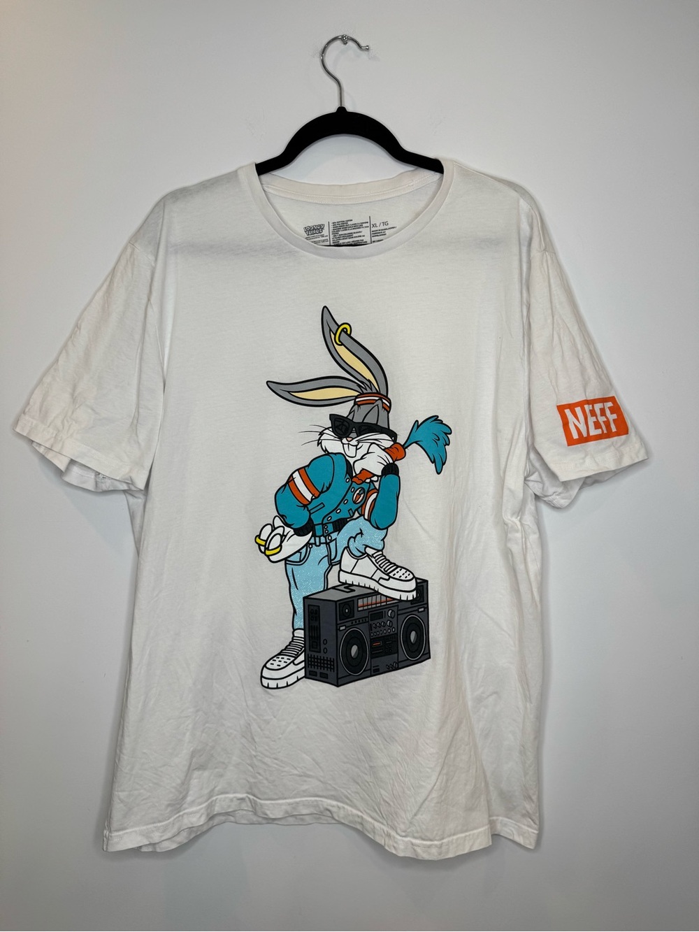 Vintage Neff Looney Tunes Bugs Bunny Hip Hop Boombox T-Shirt Men XL White Cotton